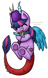 Size: 550x880 | Tagged: safe, artist:alittleofsomething, character:twilight sparkle, oc, species:draconequus, species:pony, clothing, cuddling, discord sparkle, draconequified, duo, eyes closed, female, fez, hat, hug, micro, simple background, smiling, species swap, transparent background, twikonequus