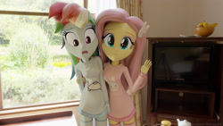 Size: 3840x2160 | Tagged: safe, artist:efk-san, character:fluttershy, character:rainbow dash, my little pony:equestria girls, 3d, asdfmovie, blender cycles, blushing, clothing, cute, dashabetes, duo, female, indoors, looking at you, mine turtle, open mouth, shyabetes, smiling, television, tripod, wallpaper, window
