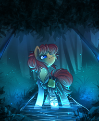 Size: 700x848 | Tagged: safe, artist:cabbage-arts, oc, oc only, oc:latch, species:earth pony, species:pony, blue eyes, clothing, female, forest, looking up, pond, scenery, solo, water, ych result