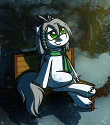 Size: 1500x1704 | Tagged: safe, artist:alittleofsomething, oc, oc only, oc:umbra winterdance, species:pegasus, species:pony, bench, clothing, scarf, snow, solo, winter
