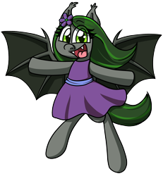 Size: 1776x1918 | Tagged: safe, artist:alittleofsomething, oc, oc only, oc:emerald notes, species:bat pony, species:pony, bipedal, clothing, dress, female, mare, open mouth, simple background, solo, transparent background
