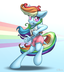 Size: 1920x2160 | Tagged: safe, artist:ohemo, character:rainbow dash, species:anthro, bound wings, clothing, cute, dashabetes, female, looking at you, race, rope, shorts, smiling