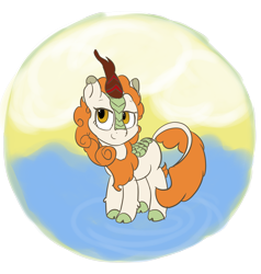 Size: 2388x2504 | Tagged: safe, artist:comfyplum, derpibooru original, character:autumn blaze, species:kirin, species:pony, episode:sounds of silence, g4, my little pony: friendship is magic, cloud, cloven hooves, crossed legs, female, lidded eyes, looking at you, mare, ripples, simple background, smiling, solo, transparent background, water