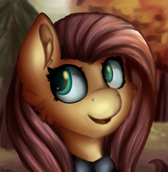 Size: 1045x1069 | Tagged: safe, artist:deraniel, character:fluttershy, species:pegasus, species:pony, autumn, bust, clothing, ear fluff, female, forest, looking away, mare, open mouth, outdoors, portrait, smiling, solo
