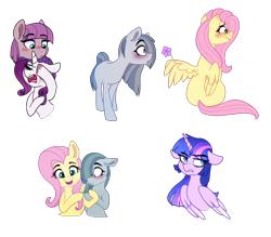 Size: 1230x1076 | Tagged: safe, artist:saphi-boo, character:fluttershy, character:marble pie, character:maud pie, character:rarity, character:twilight sparkle, character:twilight sparkle (alicorn), species:alicorn, species:earth pony, species:pegasus, species:pony, species:unicorn, ship:rarimaud, blushing, crying, female, flower, lesbian, makeup, marbleshy, mare, marshmelodrama, running makeup, shipping, simple background, transparent background, wing hold