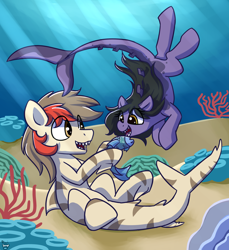 Size: 2422x2645 | Tagged: dead source, safe, artist:rivibaes, oc, oc only, oc:fappyness, oc:rivibaes, cute, dead, duo, eye clipping through hair, fangs, featured on derpibooru, female, fins, fish, fish tail, happy, hunting, male, ocean, on back, open mouth, original species, shark pony, sharp teeth, swimming, teeth, underwater, x eyes