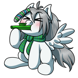 Size: 1280x1280 | Tagged: safe, artist:alittleofsomething, oc, oc only, oc:umbra winterdance, species:pegasus, species:pony, >.<, clothing, eyes closed, kazoo, musical instrument, scarf, simple background, solo, transparent background