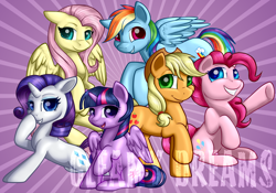 Size: 1610x1130 | Tagged: safe, artist:gleamydreams, character:applejack, character:fluttershy, character:pinkie pie, character:rainbow dash, character:rarity, character:twilight sparkle, character:twilight sparkle (alicorn), species:alicorn, species:pony, mane six, obtrusive watermark, watermark