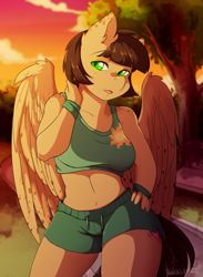 Size: 2200x3000 | Tagged: safe, artist:hakkids2, oc, oc only, oc:pepper spice, species:anthro, species:pegasus, species:pony, g4, anthro oc, belly button, breasts, celestia's cutie mark, clothing, cutie mark, ear fluff, exercise, female, freckles, green eyes, hand on hip, mare, midriff, shorts, solo, sports bra, sports shorts, sunset, tank top, thighs, tree, wristband, ych result