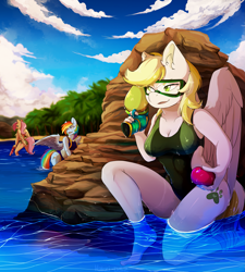 Size: 2791x3100 | Tagged: safe, artist:hakkids2, character:fluttershy, character:rainbow dash, oc, oc:dandelion blossom, species:anthro, species:pegasus, species:pony, anthro oc, beach, bikini, breasts, clothing, cloud, female, goggles, midriff, one-piece swimsuit, open mouth, sand, sky, swimming goggles, swimsuit, tree, water, water balloon, watergun, ych result