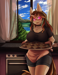 Size: 2457x3145 | Tagged: safe, artist:hakkids2, oc, oc only, species:anthro, big breasts, breasts, clothing, cookie, female, food, glasses, glowing eyes, kitchen, large order of milk, mountain, open mouth, scenery, shorts, solo, stove, tray, tree, window