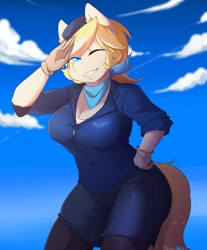 Size: 2900x3500 | Tagged: safe, artist:hakkids2, oc, oc only, oc:rafale, species:anthro, anthro oc, clothing, cloud, female, gloves, hat, one eye closed, salute, sky, solo, stewardess, wink