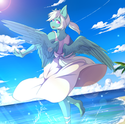 Size: 3500x3455 | Tagged: safe, artist:hakkids2, character:fleetfoot, species:anthro, species:pegasus, species:plantigrade anthro, species:pony, barefoot, beach, clothing, cloud, dress, ear fluff, feet, female, good trick, looking at you, looking back, mare, ocean, open mouth, sky, smiling, solo, spinning, spread wings, sundress, water, wing fluff, wings