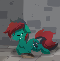 Size: 1024x1040 | Tagged: safe, artist:xsidera, oc, oc only, oc:forest farseer, species:earth pony, species:pony, crying, cutiemarking, dark, eyes closed, floppy ears, frown, gritted teeth, homeless, male, prone, sad, solo, stallion