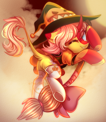 Size: 672x775 | Tagged: safe, artist:cabbage-arts, oc, oc only, oc:harmony harp, species:pony, broom, clothing, flying, flying broomstick, hat, solo, witch, ych result