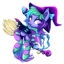Size: 800x798 | Tagged: safe, artist:cabbage-arts, oc, oc only, oc:rainbow sherbet, species:bat pony, species:pony, bat pony oc, broom, clothing, female, flying, flying broomstick, hat, mare, simple background, solo, transparent background, witch, ych result