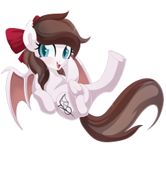 Size: 1000x1032 | Tagged: safe, artist:xsidera, oc, oc only, oc:aurelia freefeather, species:bat pony, species:pony, bow, clothing, colored wings, commission, cute, hair bow, on back, simple background, smiling, solo, transparent background