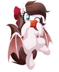 Size: 999x1210 | Tagged: safe, artist:xsidera, oc, oc only, oc:aurelia freefeather, species:bat pony, biting, bow, clothing, colored wings, commission, cute, eating, fluffy mane, food, hair bow, happy, mango, nom, one eye closed, simple background, solo, transparent background