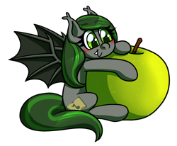 Size: 1280x1053 | Tagged: safe, artist:alittleofsomething, oc, oc only, oc:emerald notes, species:bat pony, species:pony, apple, blushing, food, simple background, solo, tiny, transparent background