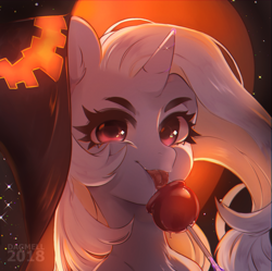 Size: 1280x1277 | Tagged: safe, artist:dagmell, character:trixie, apple, candy apple (food), clothing, female, food, halloween, hat, holiday, licking, smiling, solo, tongue out, witch hat