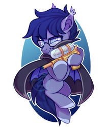 Size: 900x1060 | Tagged: safe, artist:cabbage-arts, oc, oc only, oc:high point, species:bat pony, species:pony, cape, clothing, cloud, glasses, raincloud, smiling, smirk, solo, watergun