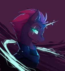 Size: 4557x5000 | Tagged: safe, artist:hakkids2, character:tempest shadow, species:pony, species:unicorn, my little pony: the movie (2017), absurd resolution, broken horn, bust, eye scar, female, glowing eyes, glowing horn, magic, mare, mohawk, purple background, scar, signature, simple background, solo, sparking horn
