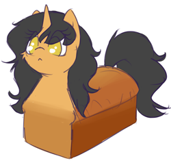 Size: 2737x2601 | Tagged: safe, artist:rivibaes, oc, oc:rivibaes, species:pony, species:unicorn, g4, :<, bread, bread pony, cheek fluff, cute, eye clipping through hair, female, food, food pony, mare, no pupils, ocbetes, original species, ponified, simple background, solo, wat, white background, wide eyes