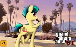 Size: 1920x1200 | Tagged: safe, artist:wolftendragon, oc, oc only, oc:apogee, species:pegasus, species:pony, female, food, grand theft auto, mare, popsicle, poster, solo, wing hands