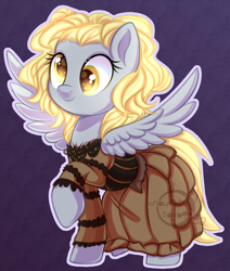 Size: 700x827 | Tagged: safe, artist:cabbage-arts, character:derpy hooves, species:pegasus, species:pony, alternate hairstyle, blonde, clothing, crossover, cute, derpabetes, dress, elegant, female, mare, smiling, solo, sweeney todd
