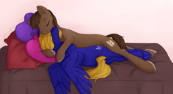 Size: 3000x1641 | Tagged: safe, artist:littledreamycat, oc, oc only, oc:cloud quake, oc:endless map, species:earth pony, species:pegasus, species:pony, bed, gay, male, pillow, snuggling