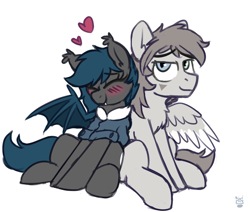 Size: 1280x1086 | Tagged: safe, artist:rivibaes, oc, oc only, oc:nuke, oc:speck, species:bat pony, species:pegasus, species:pony, blushing, female, happy, heart, husband and wife, male, married couple, married couples doing married things, oc x oc, shipping, smiling, speke