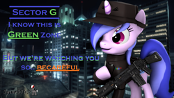 Size: 1920x1080 | Tagged: safe, artist:spinostud, character:sea swirl, species:pony, species:unicorn, 3d, city, cityscape, commander, female, green zone, gun, looking sideways, military, military uniform, random pony, rifle, sector g, solo, source filmmaker, weapon