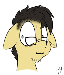 Size: 1059x1244 | Tagged: safe, artist:fakskis, oc, oc only, oc:pencil draft, species:pony, beard, facial hair, floppy ears, glasses, shrunken pupils, simple background, surprised, sweat, sweating profusely, white background