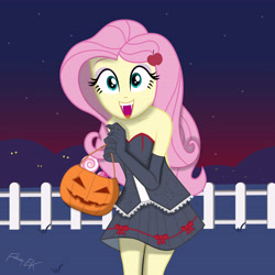 Size: 7680x7680 | Tagged: safe, artist:efk-san, character:fluttershy, my little pony:equestria girls, absurd resolution, bare shoulders, black skirt, candy, clothing, cute, evening gloves, excited, fangs, female, fence, food, gloves, halloween, happy, holiday, jack-o-lantern, long gloves, looking at you, night, open mouth, pumpkin, pumpkin bucket, shyabetes, skirt, smiling, solo, stars, vampire