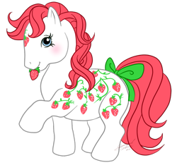 Size: 781x732 | Tagged: safe, artist:conphettey, species:earth pony, species:pony, g1, female, food, i can't believe it's not hasbro studios, mare, raised hoof, simple background, solo, strawberry, sugarberry, transparent background, twice as fancy ponies