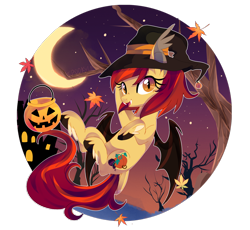 Size: 1600x1473 | Tagged: safe, artist:spookyle, oc, oc only, oc:pumpkin spell, species:bat pony, species:pony, bat pony oc, clothing, female, halloween, hat, holiday, hybrid, leaves, mare, night, simple background, smiling, solo, tail feathers, transparent background, tree, witch hat