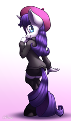 Size: 1280x2160 | Tagged: safe, artist:ohemo, character:rarity, species:anthro, species:pony, species:unguligrade anthro, species:unicorn, episode:sweet and elite, g4, my little pony: friendship is magic, beatnik rarity, beret, clothing, cute, female, hat, horn, looking at you, looking back, looking back at you, mare, raribetes, simple background, smiling, solo, sweater, white background