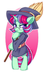 Size: 600x971 | Tagged: safe, artist:cabbage-arts, oc, oc only, oc:eye scream, species:pony, species:unicorn, bipedal, broom, clothing, female, glasses, hat, mare, robe, simple background, solo, transparent background, witch, witch hat