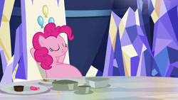 Size: 1024x576 | Tagged: safe, artist:jamesawilliams1996, edit, edited screencap, screencap, character:pinkie pie, species:earth pony, species:pony, episode:father knows beast, g4, my little pony: friendship is magic, arm behind head, belly, big belly, crumbs, eating, eyes closed, fat, fat edit, female, food, food baby, friendship throne, frosting, huge belly, leaning back, mare, obese, pie tin, piggy pie, pudgy pie, relaxing, smiling, solo, stuffed, stuffing, throne, throne room, twilight's castle