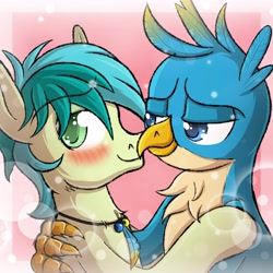 Size: 5000x5000 | Tagged: safe, artist:xexus, character:gallus, character:sandbar, species:earth pony, species:griffon, species:pony, ship:gallbar, absurd resolution, beak, blushing, cute, gallabetes, gay, holding, hug, interspecies, jewelry, looking away, male, necklace, sandabetes, shipping, teenager