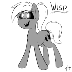 Size: 2160x2160 | Tagged: safe, artist:fakskis, oc, oc only, oc:wisp, black sclera, blushing, cutie mark, ghost, glowing eyes, monochrome, open mouth, ponytail, simple background, text, white background, white hair, white pupils