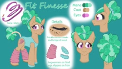 Size: 1280x720 | Tagged: safe, artist:naomiknight17, oc, oc only, oc:fit finesse, species:earth pony, species:pony, clothing, cutie mark, female, freckles, leg warmers, mare, reference sheet, scrunchie, slippers, smiling, solo, tail wrap, towel