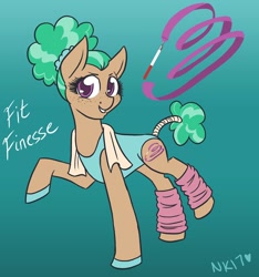 Size: 898x960 | Tagged: safe, artist:naomiknight17, oc, oc only, oc:fit finesse, species:earth pony, species:pony, clothing, cutie mark, female, freckles, gradient background, leg warmers, mare, raised hoof, scrunchie, slippers, smiling, solo, tail wrap, towel
