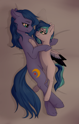 Size: 1645x2593 | Tagged: safe, artist:littledreamycat, oc, oc only, oc:jewel blue, oc:shadow blue, parent:oc:looic, parent:oc:shadow blue, parents:shadooic, species:earth pony, species:pegasus, species:pony, bed, cuddling, cute, cutie mark, eye contact, female, filly, fluffy, green eyes, high res, looking at each other, mare, mother and daughter, shadooic, solo, spread wings, surprised, wings