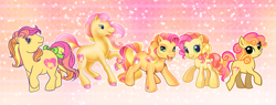 Size: 1675x638 | Tagged: safe, artist:conphettey, oc, oc only, oc:ragamuffin, species:earth pony, species:pony, g1, g2, g3, g3.5, g4, female, generational ponidox, i can't believe it's not hasbro studios, mare, multeity, not fluttershy, ponidox, simple background, solo, style emulation