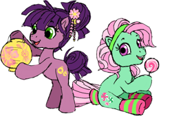 Size: 500x337 | Tagged: safe, artist:conphettey, character:minty, species:pony, g3, g3.5, candy, clothing, duo, female, filly, food, g3 to g3.5, generation leap, kimono, lantern, lollipop, paper lantern, socks, striped socks