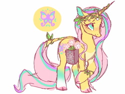 Size: 640x480 | Tagged: safe, artist:conphettey, character:fluttershy, species:pony, species:unicorn, g5 leak, leak, cloven hooves, colored hooves, female, fluttershy (g5), leonine tail, mare, redesign, simple background, solo, unicorn fluttershy, white background