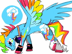 Size: 640x480 | Tagged: safe, artist:conphettey, character:rainbow dash, species:pegasus, species:pony, g5 leak, leak, colored hooves, colored wings, female, head down, mare, multicolored wings, rainbow dash (g5), rainbow wings, redesign, simple background, solo, white background