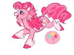 Size: 640x480 | Tagged: safe, artist:conphettey, character:pinkie pie, species:pegasus, species:pony, g5 leak, leak, blaze (coat marking), coat markings, colored wings, female, mare, pinkie pie (g5), redesign, running, simple background, socks (coat marking), solo, white background