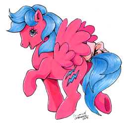 Size: 828x822 | Tagged: safe, artist:conphettey, character:firefly, species:pegasus, species:pony, g1, bow, color porn, female, kidcore, mare, raised hoof, simple background, solo, tail bow, traditional art, white background